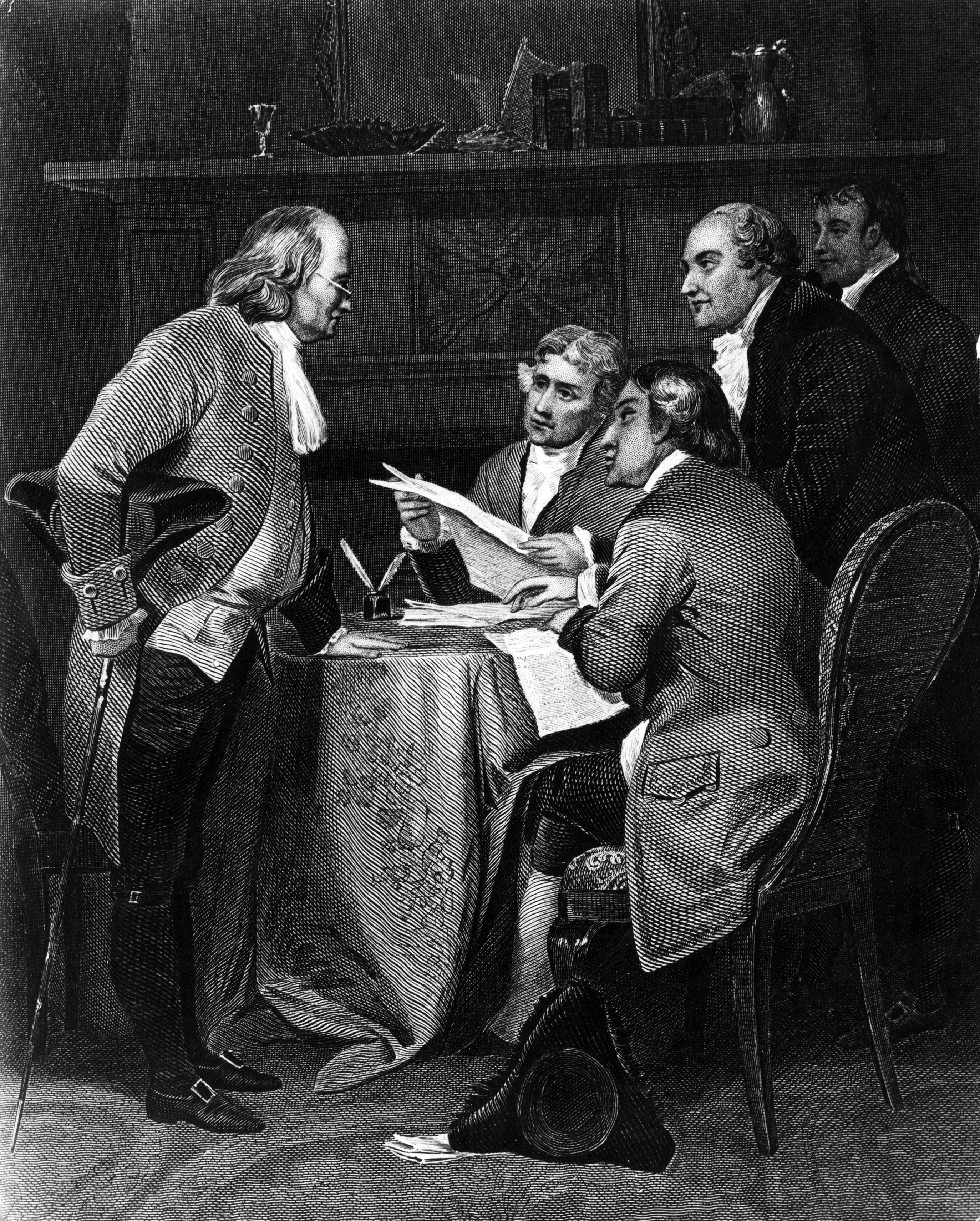Benjamin Franklin, left, with the drafting committee of the United States Declaration of Independence including future presidents Thomas Jefferson and John Adams, and other founding fathers, Roger Sherman and Robert R Livingston [Getty Images]