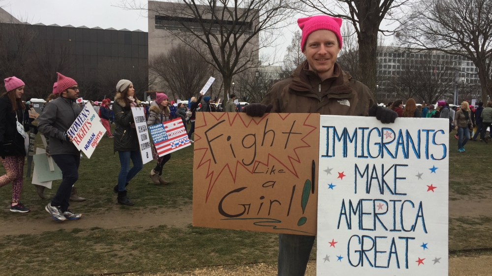 Daniel Zeiger from New York: 'I came here to show Donald Trump that there are more people out here who are opposed to his agenda and his racism and misogyny than there are people who are supporting him' [Anar Virji/Al Jazeera] 