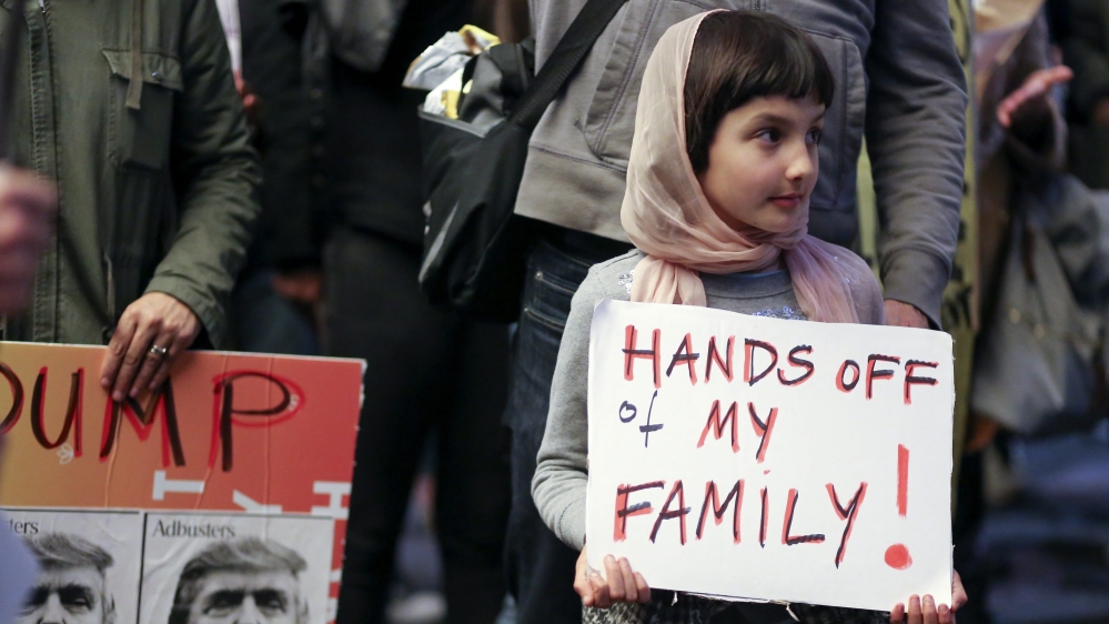 Protesters denounce President Trump''s travel ban in Los Angeles, California