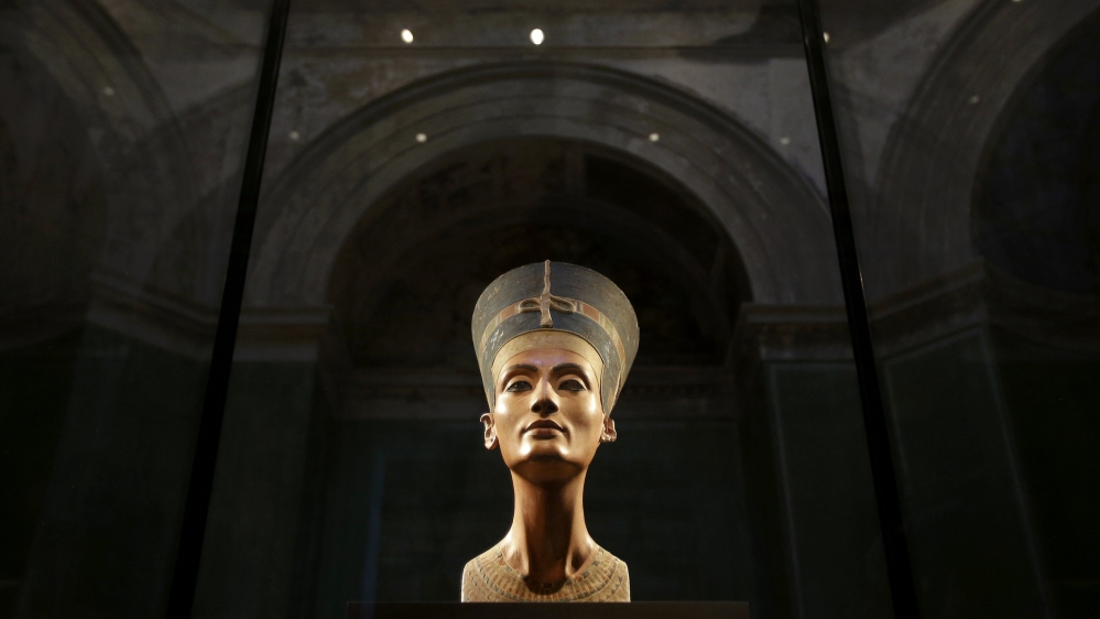 The Nefertiti bust is pictured during a press preview of the exhibition ''In The Light Of Amarna'' at the Neues Museum in Berlin
