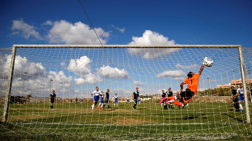 Players from Israeli soccer clubs affiliated with Israel Football Association, Ariel Municipal Soccer Club and Maccabi HaSharon Netanya, play against each other at Ariel Municipal Soccer Club''s traini