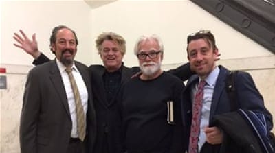Lawyer Wylie Stecklow, Rev Billy, co-defendant Frank Cordaro, and lawyer Glen Downy [Sharon Donovan/Al Jazeera]