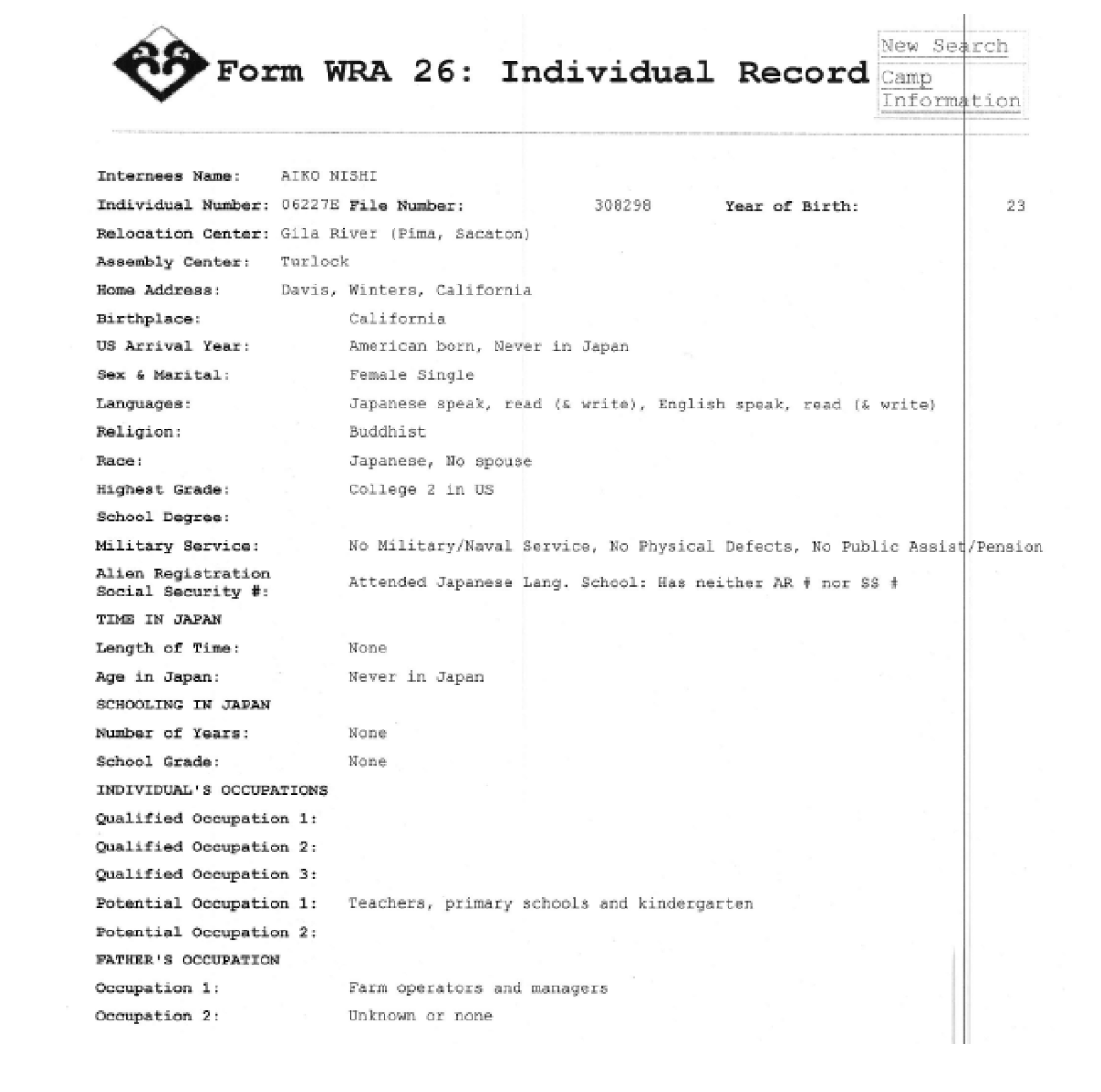 The War Relocation Authority registration record of Aiko Nishi [Photo courtesy of Ashlyn Nelson]