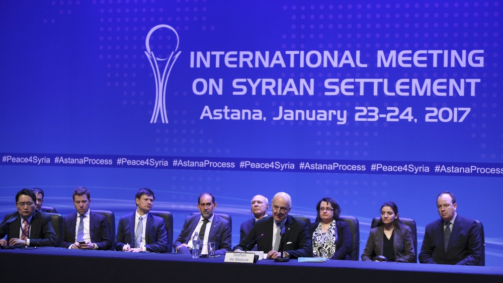 U.N. special envoy for Syria Staffan de Mistura attends news conference following Syria peace talks in Astana