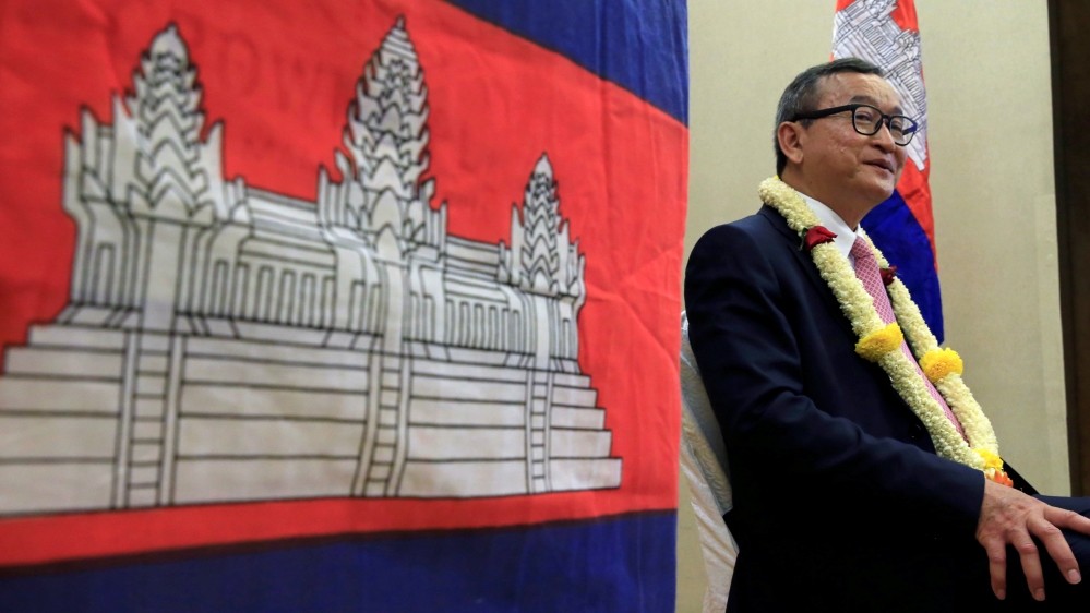 Cambodian opposition leader Sam Rainsy answers questions during an interview with Reuters at a hotel in metro Manila, Philippines