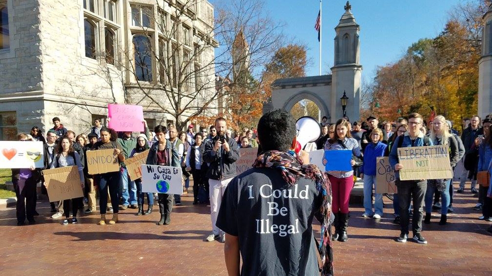 Indiana University Bloomington students rally in support of the university declaring itself a sanctuary campus. Indiana is one of several states where politicians have proposed legislation to pressure colleges not to adopt sanctuary policies [Photo courtesy of Gionni Ponce via the UndocuHoosiers Alliance]