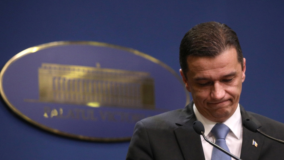 Romania''s Prime Minister Grindeanu reacts after delivering a speech in Bucharest