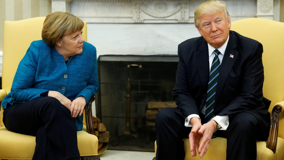 Trump meets with Merkel in the Oval Office at the White House in Washington