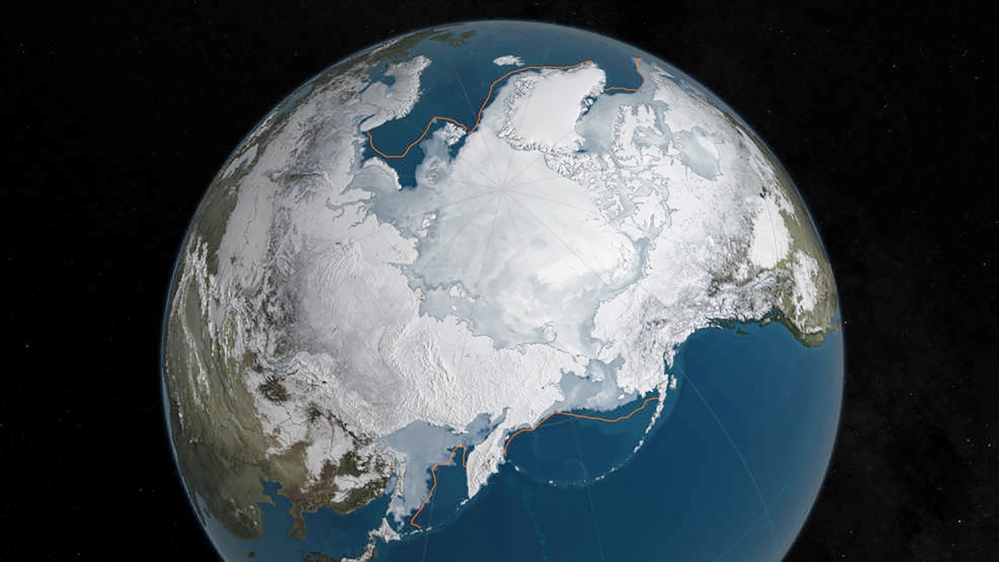 FILE PHOTO: An undated NASA illustration shows Arctic sea ice at a record low wintertime maximum extent