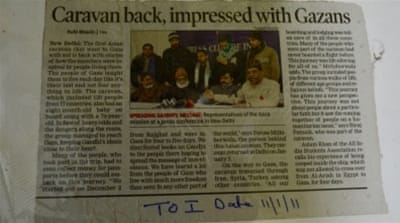 
A news clipping about the aid convoy that brought Badar to Gaza in 2011, where he met Maphaz [Maya Prabhu/Al Jazeera]

