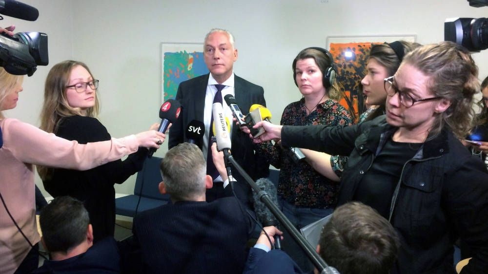Defence lawyer Johan Eriksson speaks to the media at the court after the detention hearing of the suspect in Friday''s attack in Stockholm