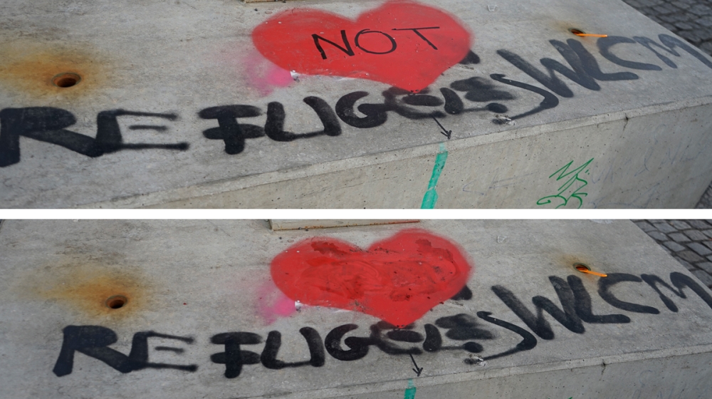 A before-and-after of Mensah-Schramm's work in Berlin [Sorin Furcoi/Al Jazeera]