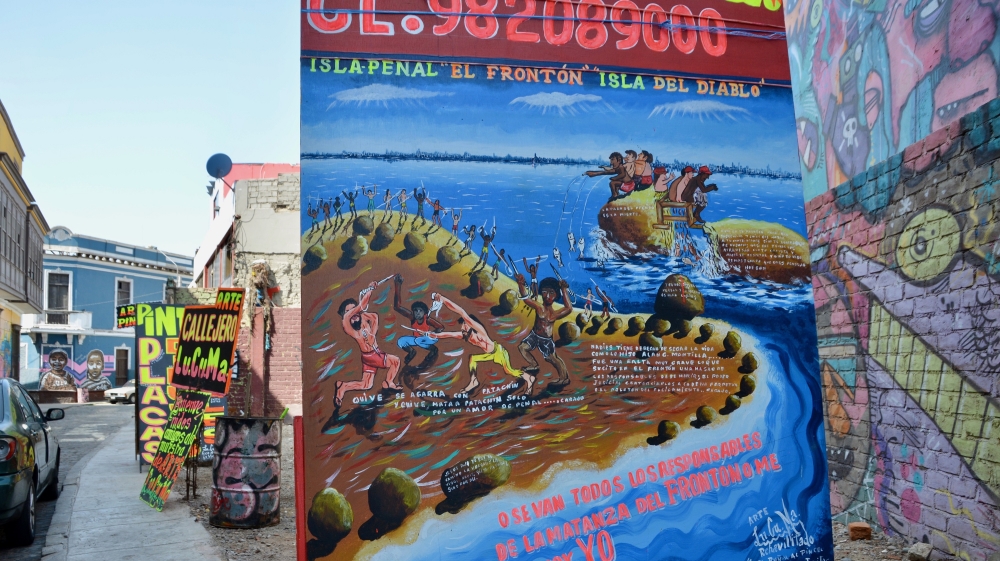 Lucuma often paints about the prisons - including the infamous island penitentiary, El Fronton - where he spent several years [Paula Dupraz-Dobias/Al Jazeera]