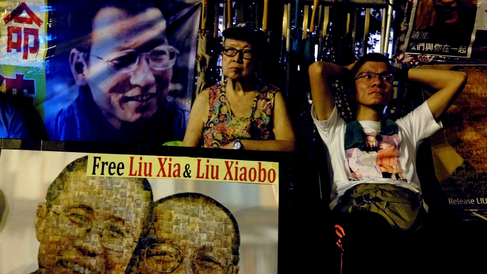 Pro-democracy activists demand the release of Nobel Laureate Liu Xiaobo in Hong Kong