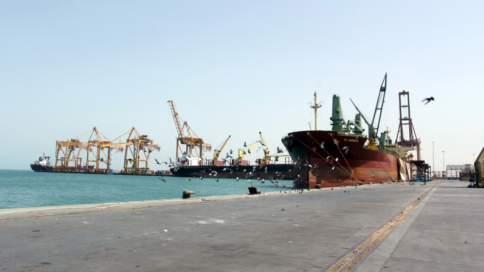 A ship is docked at the Red Sea port of Hodeidah
