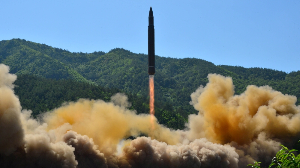 The intercontinental ballistic missile Hwasong-14 is seen during its test in this undated photo released by KCNA in Pyongyang