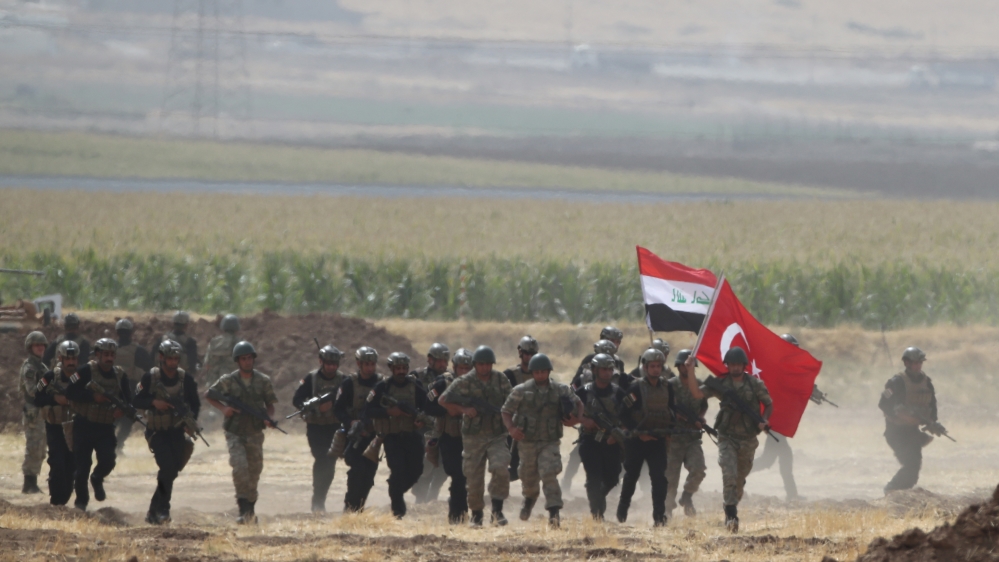 Turkish and Iraqi troops are pictured during a joint military exercise near the Turkish-Iraqi border in Silopi