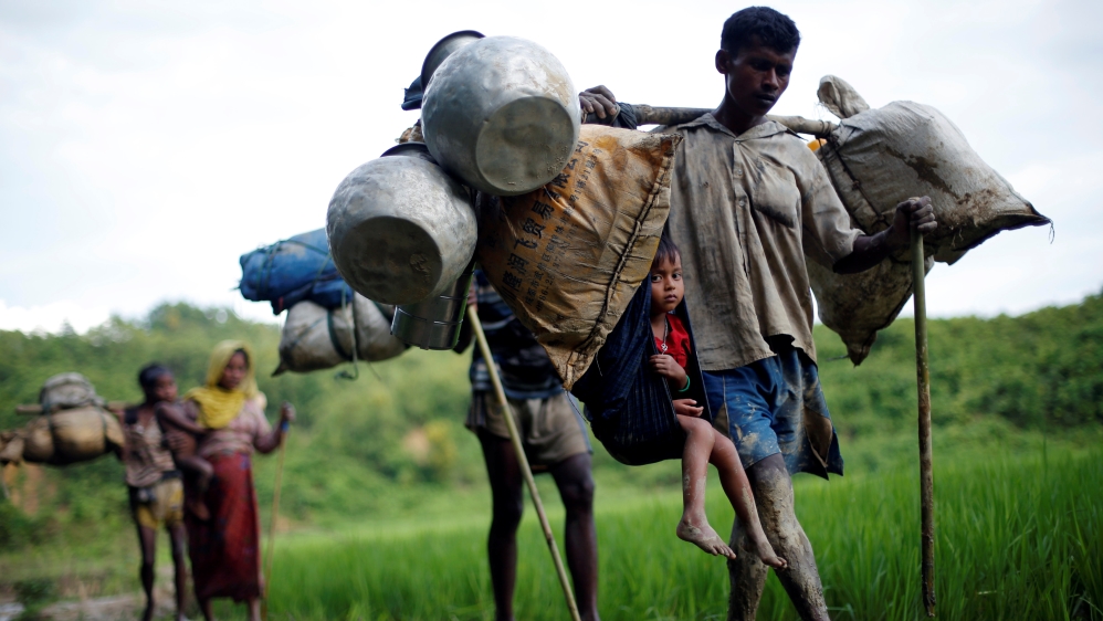 Rohingya walk through a paddy field after crossing to Bangladesh