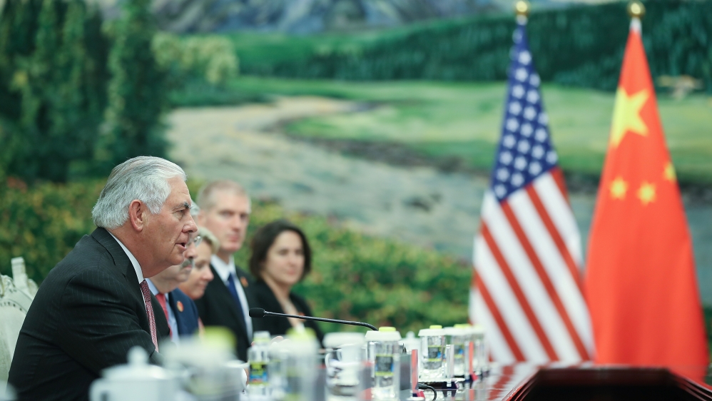U.S. Secretary of State Rex Tillerson (L) meeting with Chinese State Councilor Yang Jiechi (not pictured) at the Great Hall of the People on September 30, 2017 in Beijing, China.