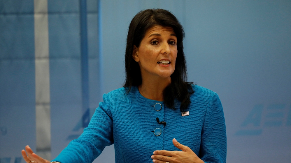 U.S. Ambassador to the United Nations Nikki Haley speaks about the Iran nuclear deal at the American Enterprise Institute in Washington