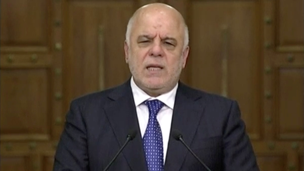 A still image taken from a video shows Iraqi Prime Minister Haider Al-Abadi speaking as he makes a statement in Baghdad