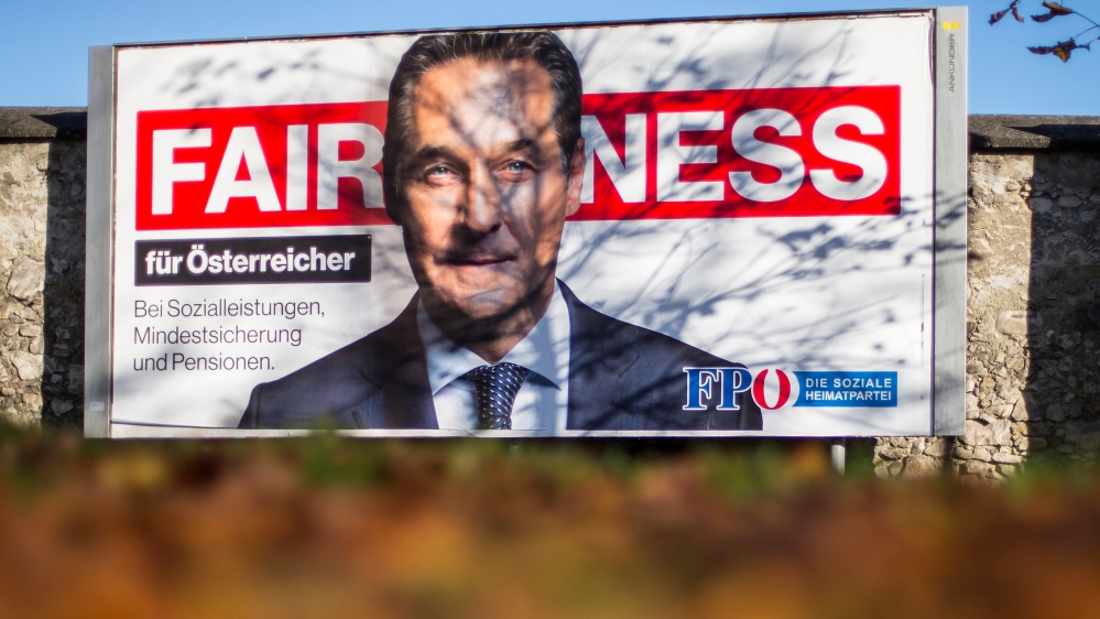 An election campaign poster of far-right Freedom Party leader Strache is pictured
