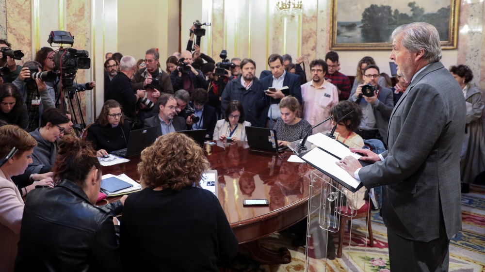 Spanish government spokesperson Inigo Mendez de Vigo makes a statement regarding the situation in Catalonia in Madrid