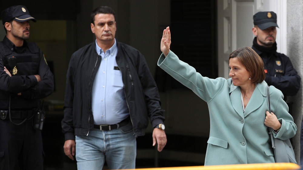 
Carme Forcadell, the former president of the parliament of Catalonia, was jailed in March for her role in the vote. Her husband, Bernat Pegueroles, said she was depressed at the start of her imprisonment [Sergio Perez/Reuters]
