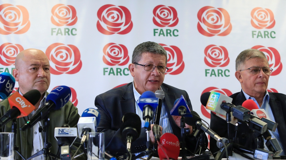 Pablo Catatumbo, member of the FARC political party, speaks during a news conference in Bogota