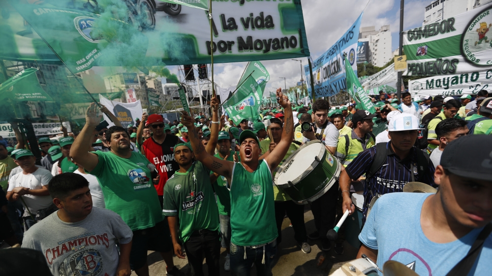 Thousands of people participate in a march through the Avenida 9 de Julio in Buenos Aires, Argentina, on 21 February 2018, convened by the union of Camioneros (truckers) de Argentina, to protest again