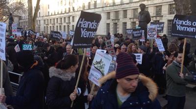 Demonstrators called attention to Saudi Arabia's human rights record outside the PM's office [Claire Gilbody-Dickerson/Al Jazeera]