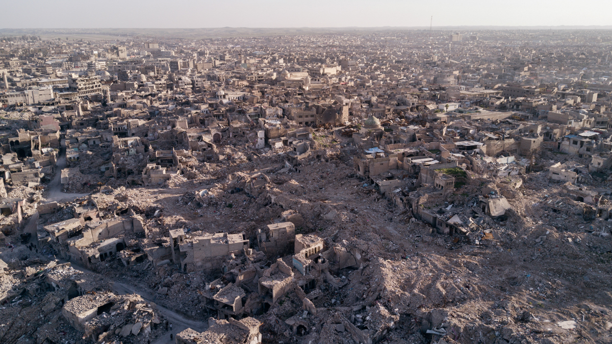 Aerial view of Mosul’s old city. The area was heavily bombarded by the US led coalition and left almost all buildings destroyed. Colonel Hassan, 47, chief of Mosul’s civil defence estimates that there