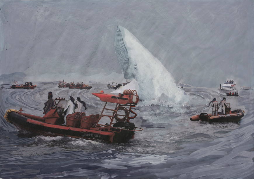 
The exhibition's title is borrowed from the work of Rokni Haerizadeh, an Iranian artist who painted over printed stills of television news broadcasts and YouTube videos to question ideas of authenticity and storytelling [Courtesy: Guggenheim Foundation]
