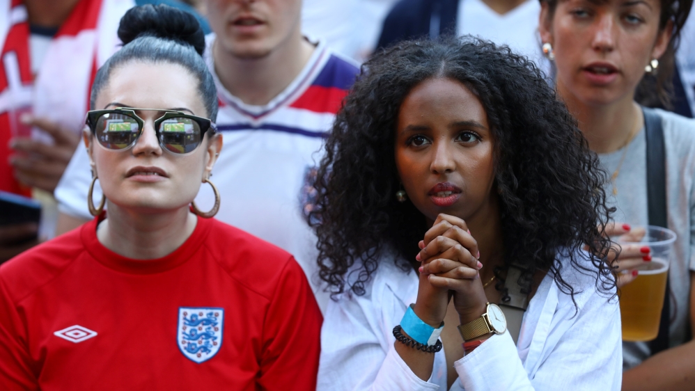 England fans watch Colombia vs England - Flat Iron Square, London, Britain - July 3, 2018 England fans react during the match REUTERS/Simon Dawson