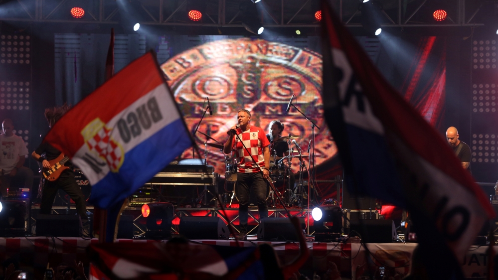 Marko Perkovic ''Thompson'', a nationalist who has sung for war crimes defendants, performs during the arrival of Croatian national soccer team coach Zlatko Dalic in his hometown of Livno
