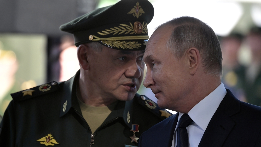 Russian President Putin and Defence Minister Shoigu attend a foundation stone laying ceremony for the cathedral of the Armed Forces at Patriot military theme park outside Moscow