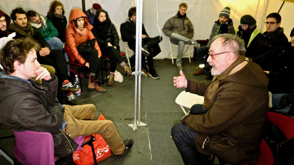 Students and professors held meetings about Hungary's future as temperatures dropped [Creede Newton/Al Jazeera]