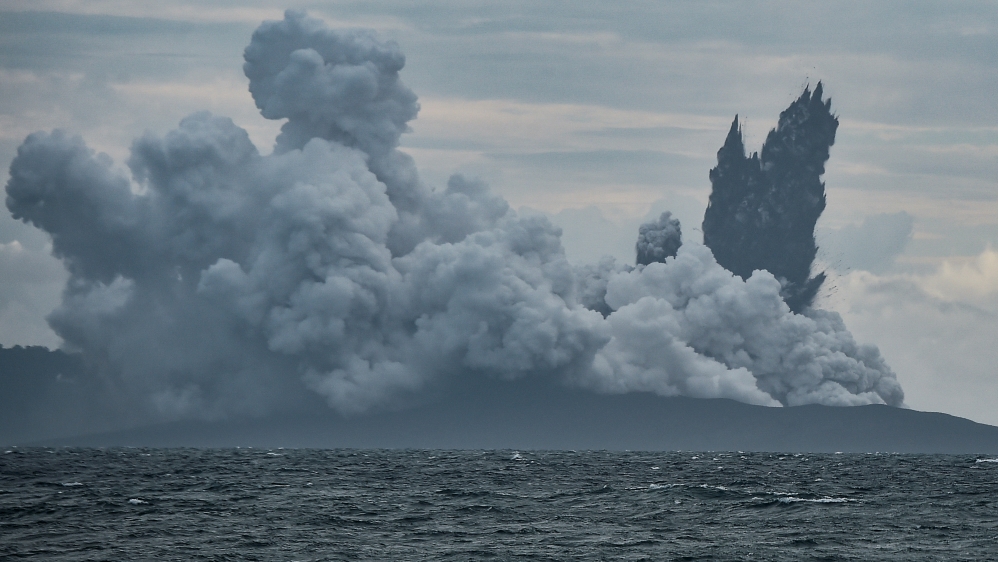 Mount Anak Krakatau volcano spews hot ash during an eruption as seen from Indonesian Naval Patrol Boat, KRI Torani 860, at Sunda strait in Banten