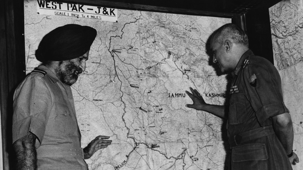 Army general J N Chaudhuri and Air Marshal Arjan Singh at the Defence Headquarters in New Delhi after the cease-fire following the second India-Pakistan conflict in 1965. [Photo by Keystone/Getty Images]