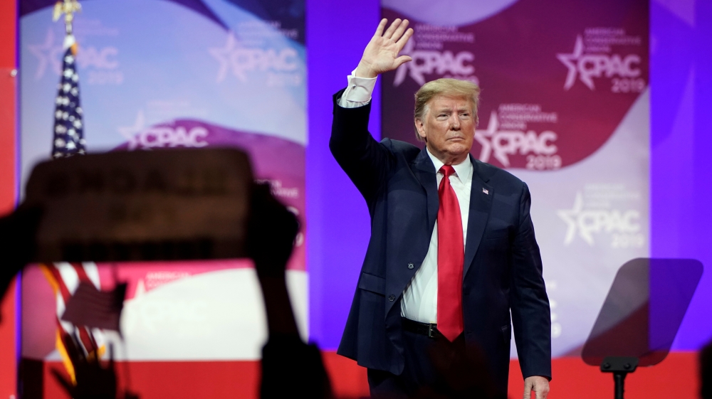 U.S. President Donald Trump waves after speaking at the Conservative Political Action Conference (CPAC) annual meeting at National Harbor in Oxon Hill, Maryland