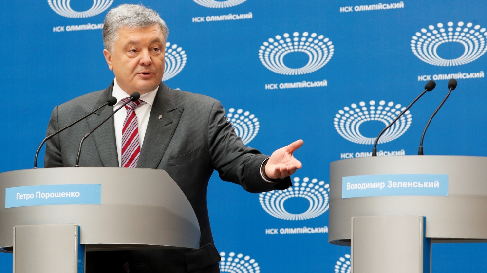 Ukraine''s President and candidate in the presidential election next week, Poroshenko, speaks at a failed attempt to hold a debate at the Olimpiyskiy Stadium in Kiev
