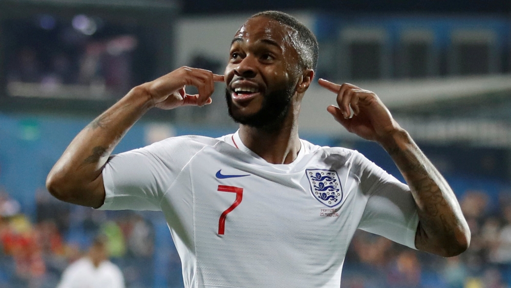 March 25, 2019, England''s Raheem Sterling celebrates scoring their fifth goal