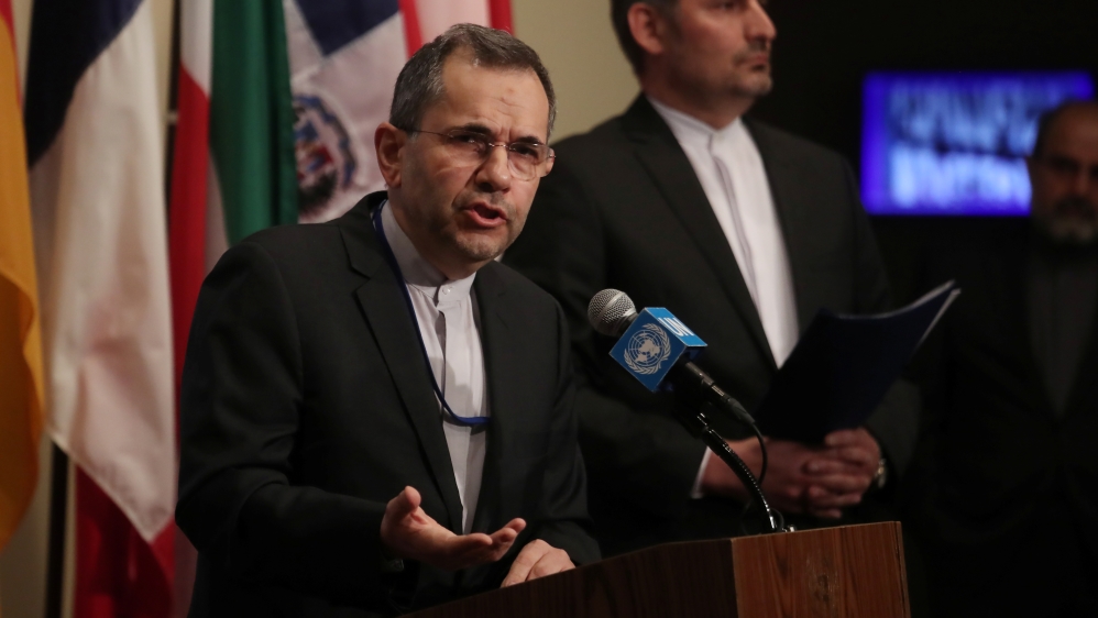 Iranian Ambassador to the United Nations Majid Takht-Ravanchi speaks to the media outside Security Council chambers at the U.N. headquarters in New York