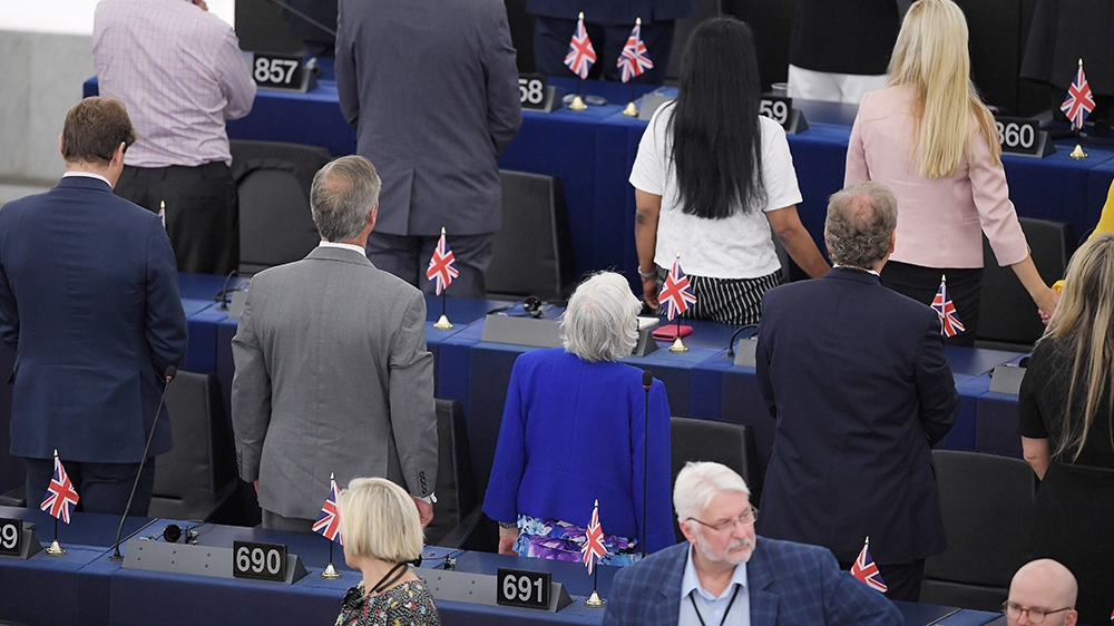 British MEPs Brexit Party turn their backs during the European anthem ahead of the inaugural session at the European Parliament on July 2 , 2019 in Strasbourg, eastern France. (Photo by FREDERICK FLOR