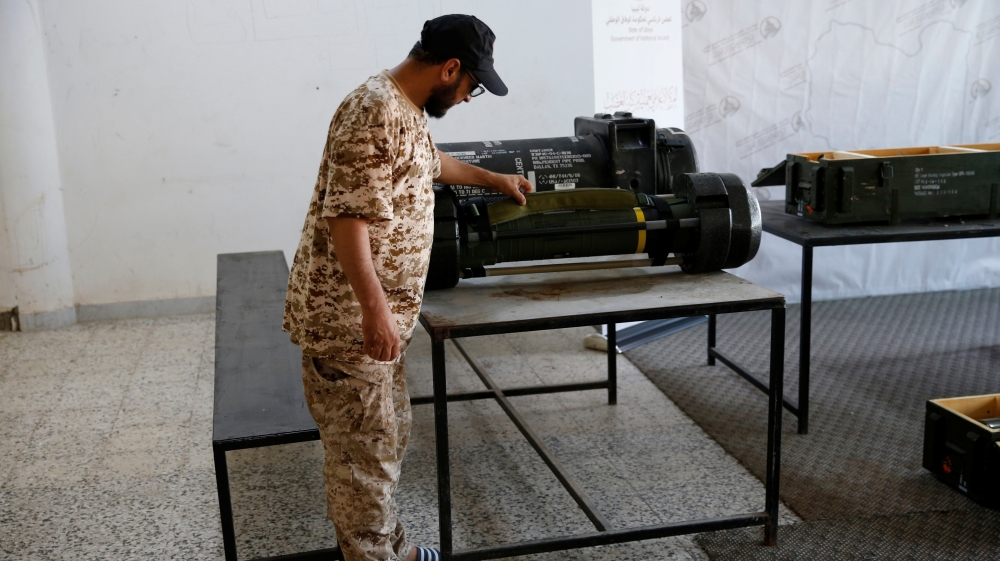 American Javelin anti-tank missiles confiscated from eastern forces led by Khalifa Haftar in Gharyan are diplayed in Tripoli