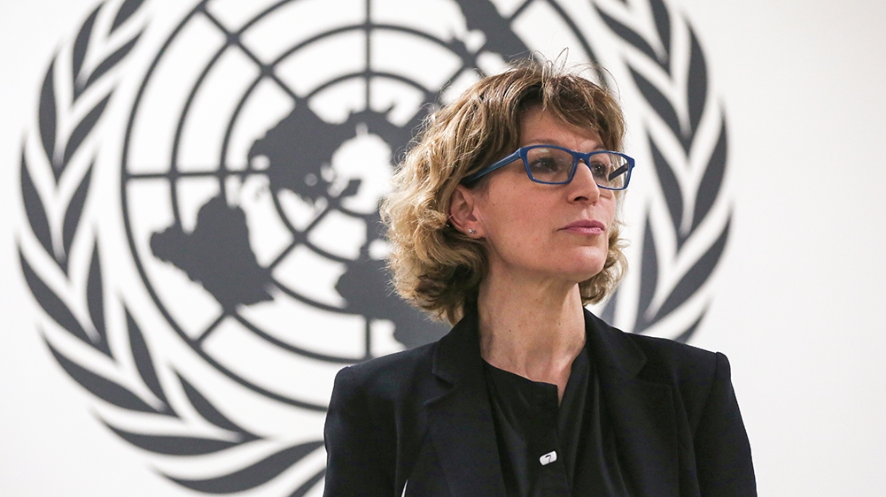 Special Rapporteur on extrajudicial, summary or arbitrary executions at the Office of the United Nations High Commissioner for Human Rights, Agnes Callamard waits for a news conference to start in San