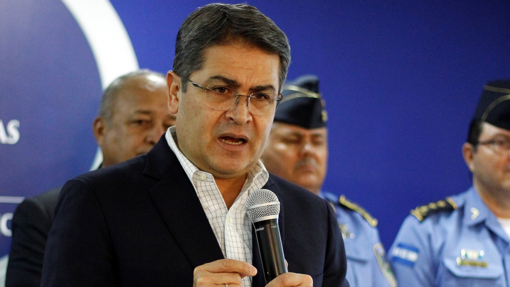 Honduras'' President Juan Orlando Hernandez speaks during a news conference at the Presidential House in Tegucigalpa