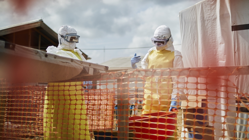 Health workers work in an Ebola transit center in Beni, North Kivu province, Democratic Republic of the Congo, 29 August 2019