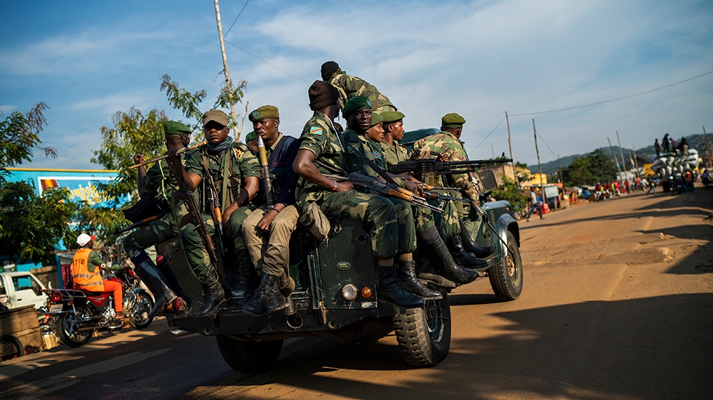 in this photograph taken Tuesday 16 July 2019, Congolese soldiers patrol the streets of Beni, Congo DRC, the epicenter of the current Ebola epidemic. Deep distrust and pernicious rumors - along with