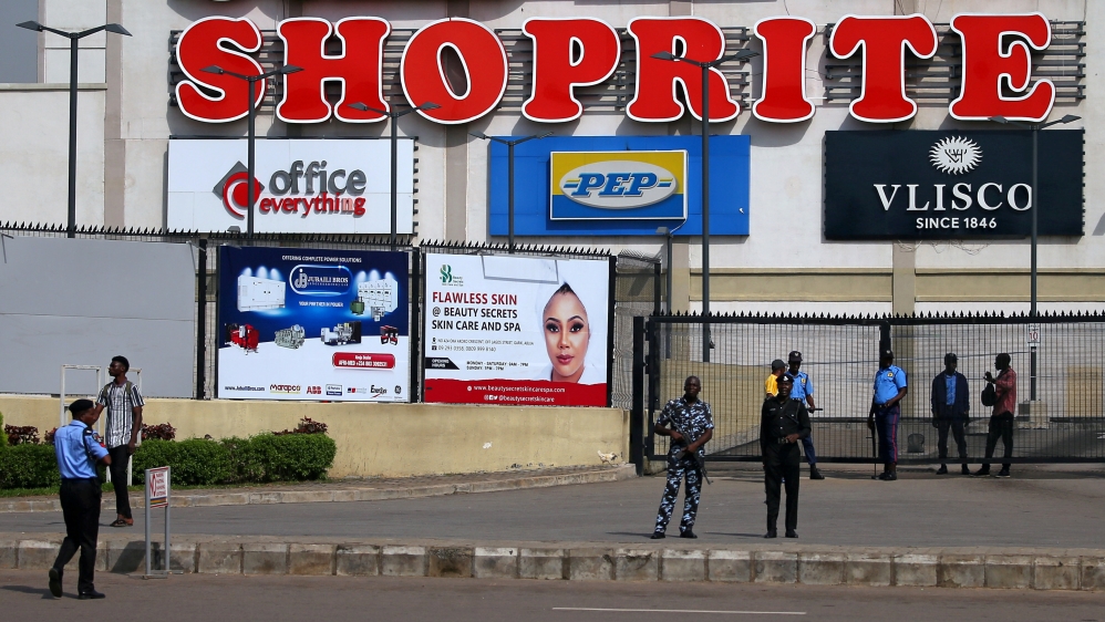 Security men are seen at the gate of Jabi Lake mall in Utako, Abuja